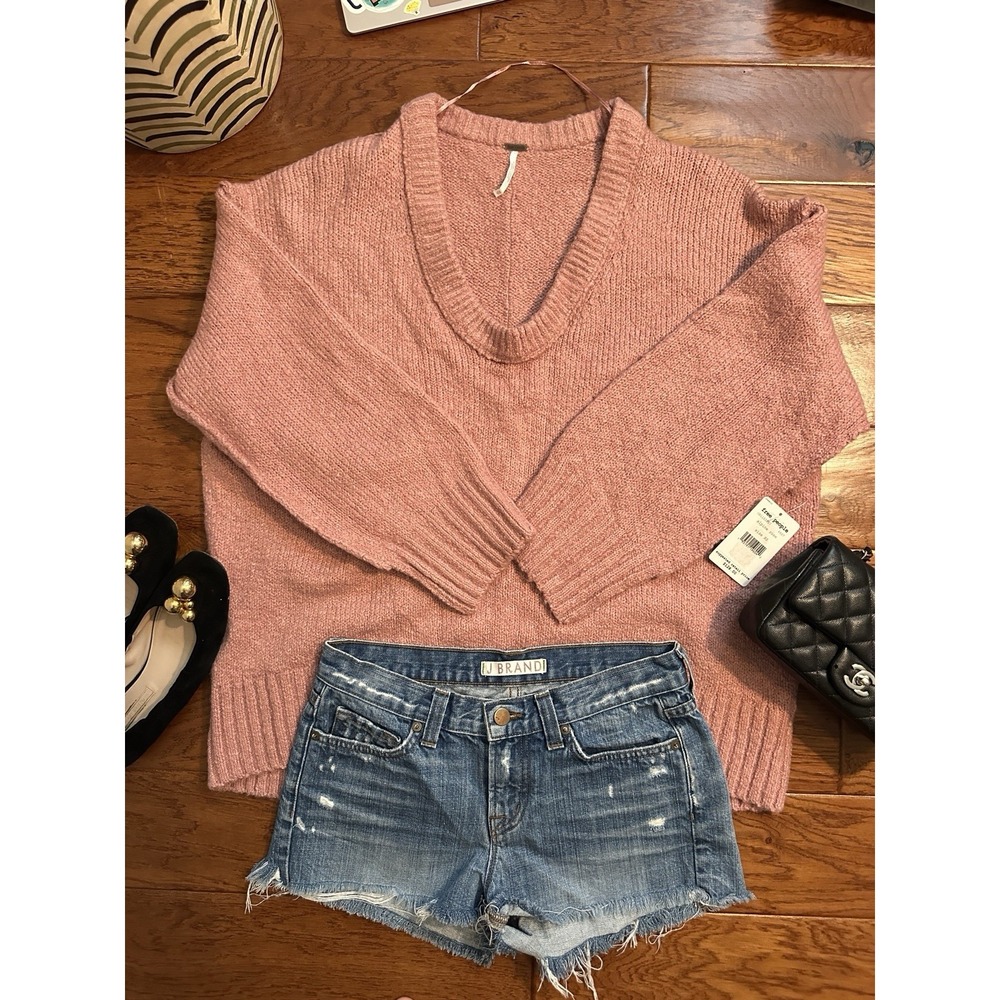 NWT Free People V-Neck Oversized Chunky Knit Sweater Alpine Rose Pink Size XS